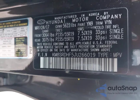 2018 Hyundai Santa Fe Limited Ultimate z USA, uszkodzony, nr VIN KM8SRDHF5JU266019